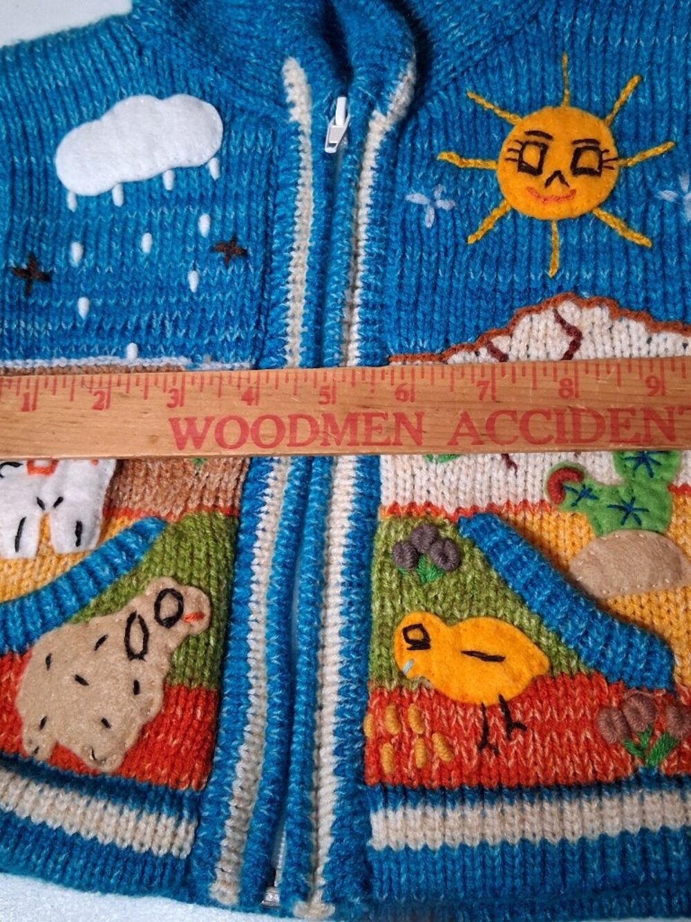 Hand Knit Peruvian Cardigan Sweater Kids Blue Mountain Sheep Sun Snail Zip - Picture 3 of 16